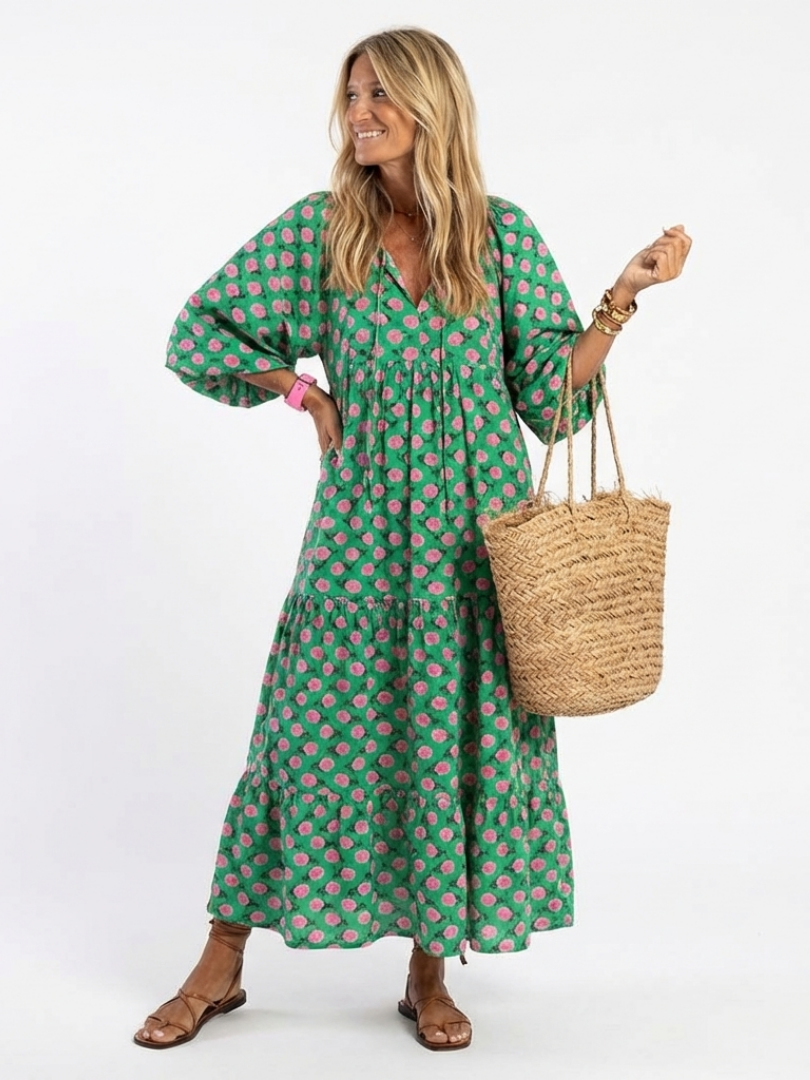 Fiora | Abito Midi a Balze con Scollo a V e Stampa Floreale