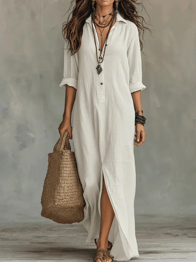 Céline™ | Abito maxi nero ampio con bottoni