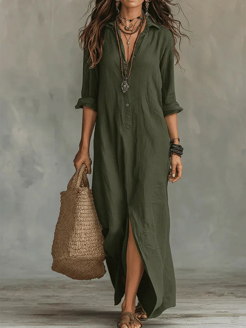Céline™ | Abito maxi nero ampio con bottoni