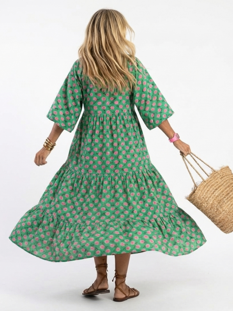 Fiora | Abito Midi a Balze con Scollo a V e Stampa Floreale