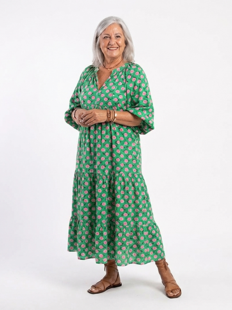 Fiora | Abito Midi a Balze con Scollo a V e Stampa Floreale