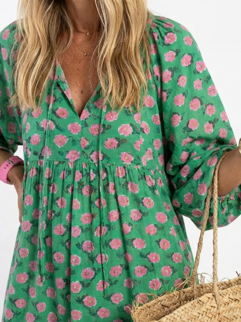 Fiora | Abito Midi a Balze con Scollo a V e Stampa Floreale