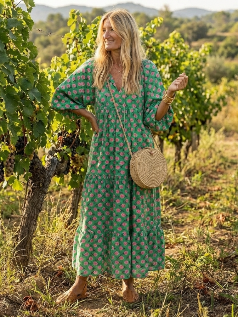 Fiora | Abito Midi a Balze con Scollo a V e Stampa Floreale