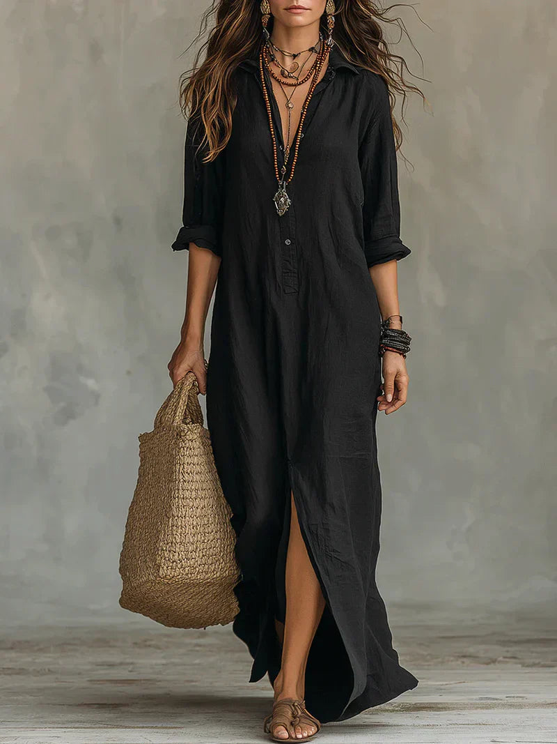 Céline™ | Abito maxi nero ampio con bottoni