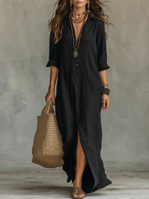 Céline™ | Abito maxi nero ampio con bottoni