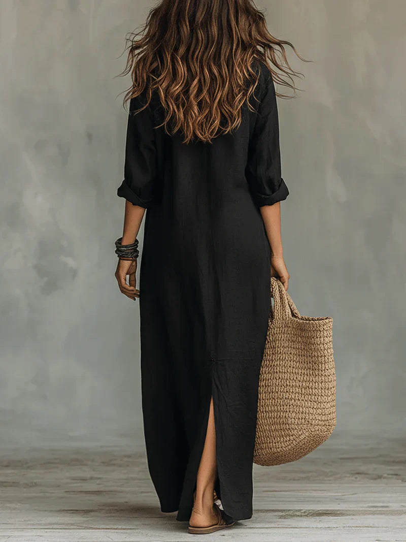 Céline™ | Abito maxi nero ampio con bottoni