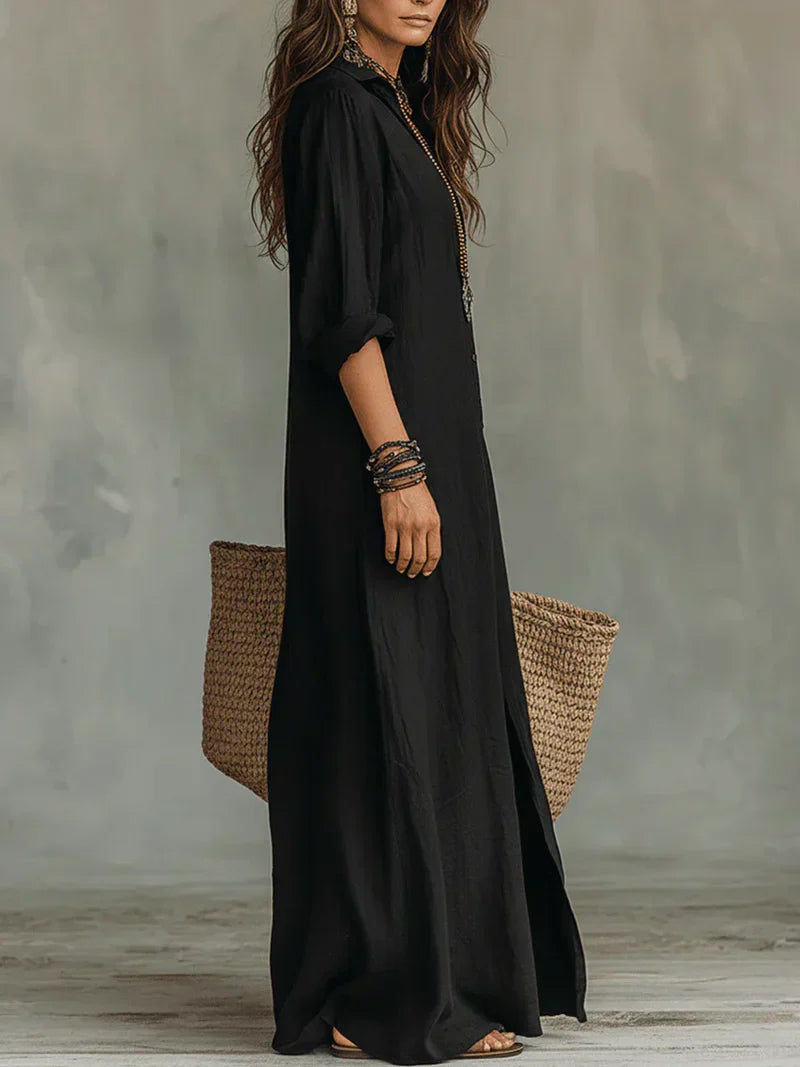 Céline™ | Abito maxi nero ampio con bottoni